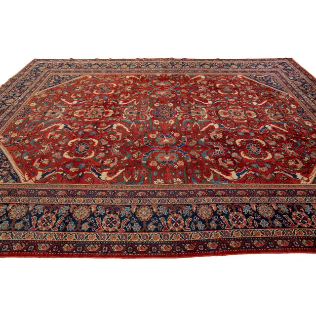 1920's Antique Floral Mahal Wool Rug Handmade in Red For Sale - Image 4 of 7