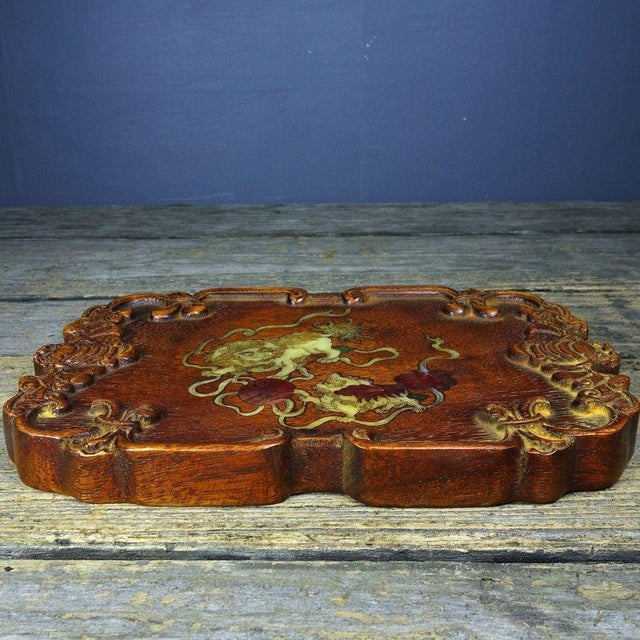 Vintage Rosewood Tea Tray With Mother-of-Pearl Lion Inlay For Sale - Image 4 of 8