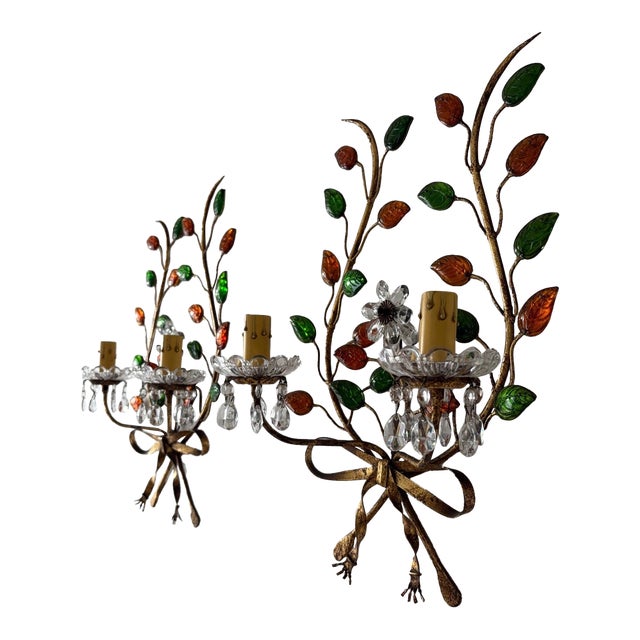 French Maison Baguès Style Colored Leaves Floral Crystal Prisms Bows Sconces For Sale
