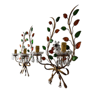 French Maison Baguès Style Colored Leaves Floral Crystal Prisms Bows Sconces