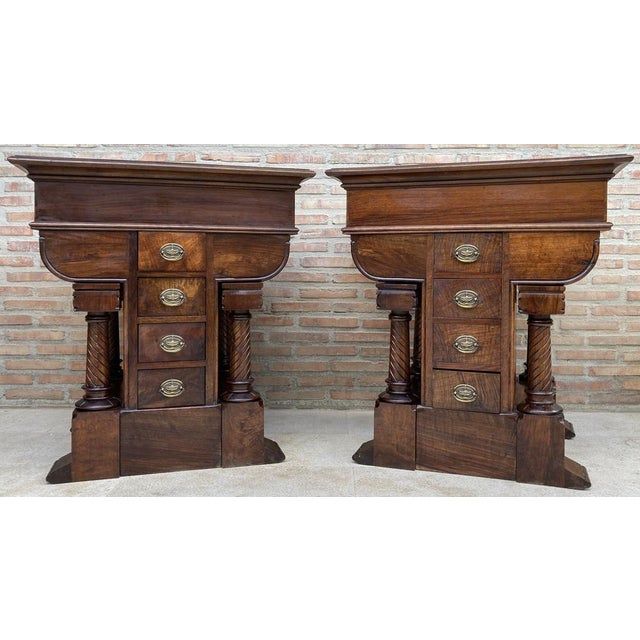 Old and beautiful pair of Alfonsino style bedside tables or side tables. It is a pair of tables made of rich hand-carved...