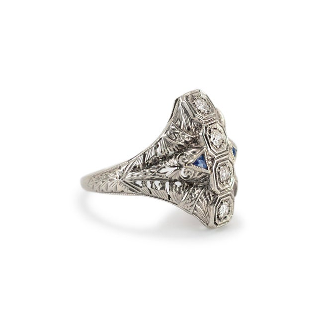 Mid-Century Modern Late 20th Century Antique Art Deco Filigreed 18k White Gold Four Diamond Sapphire Cocktail Ring, Size 7 For Sale - Image 3 of 7