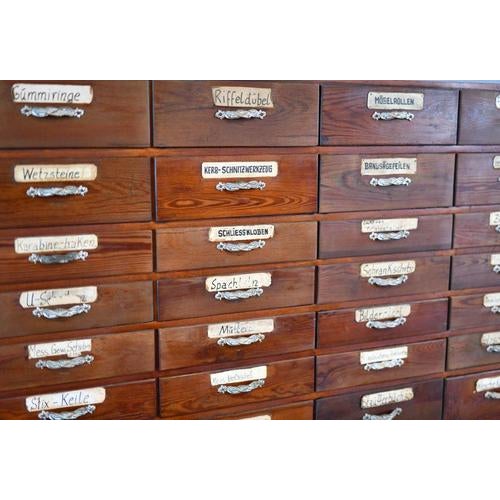 Art Nouveau Ironmongers Drawers Circa 1910 - Solid Pine and Larch drawers and frame - 54 drawers - 6 Shelf compartments on...