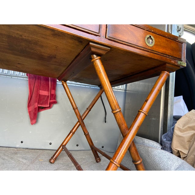Wood Vintage Campaign Distressed Leather Top Bamboo Executive Desk by Drexel Heritage For Sale - Image 7 of 18
