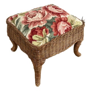 Vintage Wicker Stool With Floral Needlepoint For Sale