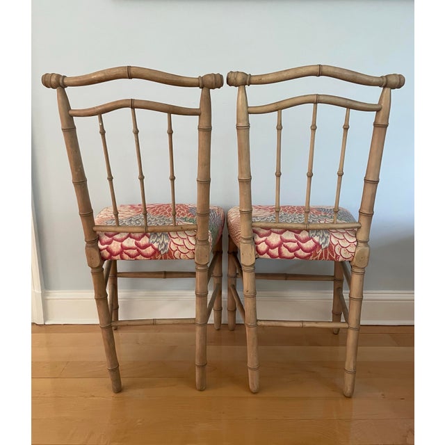 Hollywood Regency Pair of Vintage Faux Bamboo Side Chairs For Sale - Image 3 of 12