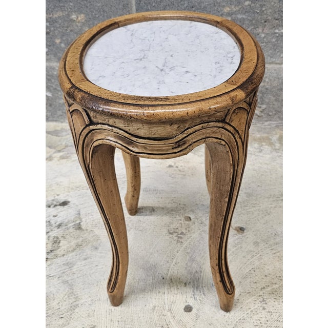 Mid-Century French Provincial Fruitwood and Marble Top Candle Stand Side Table For Sale - Image 4 of 7