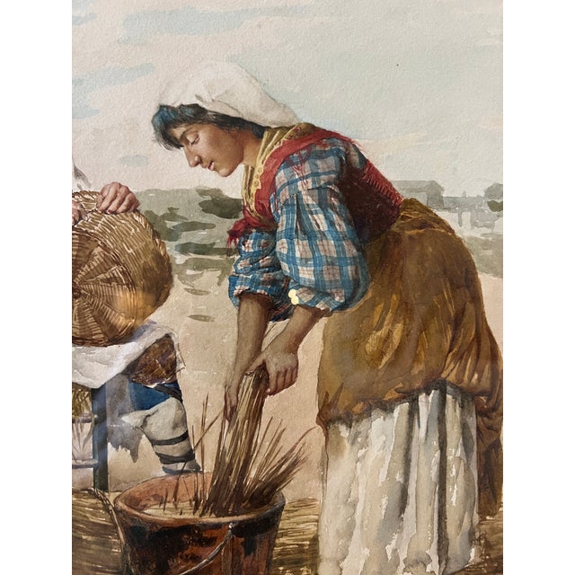 Antique European Pastoral Watercolor Signed by Italian Artist F. Ballesio | Basket Weavers Scene | Large Decorative Original Frame For Sale In Columbia, SC - Image 6 of 8