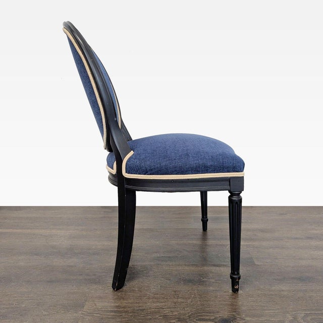 2000 - 2009 Elegant 5-Piece Dining Set With Glass Table and Blue Upholstered Chairs For Sale - Image 5 of 16