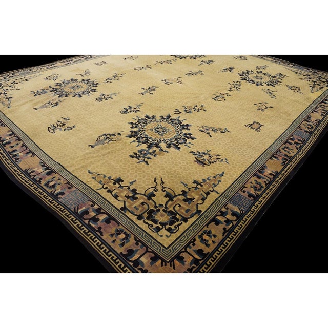 1920s Beige Geometric Antique Chinese Peking Hand Knotted Rug 11'6" X 14'9" For Sale - Image 4 of 9
