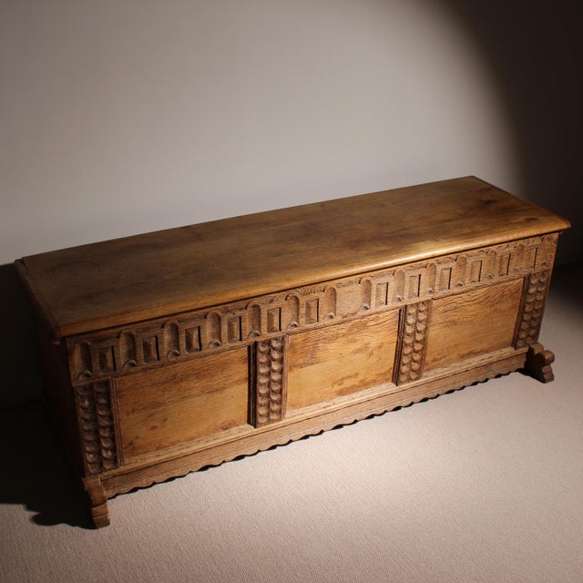 German Handcrafted Oak Chest with Rustic Carvings For Sale - Image 6 of 17