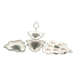 Spode “Christmas Tree” Three-Piece Hostess Collection With Two-Tier Server and Tea Light Holder For Sale