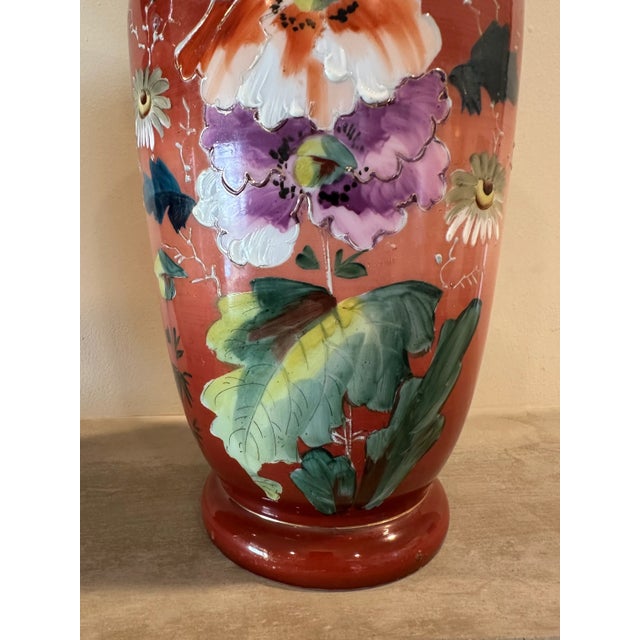 Pair of Large Bristol Milk Glass Victorian Floral Hand Painted Vases For Sale - Image 11 of 14