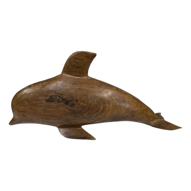 Vintage Coastal Hand Carved Burlwood Dolphin For Sale