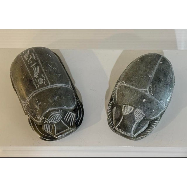 Stone Pair Vintage Egyptian Revival Hand Carved Soap Stone Scarab Figurines With Hieroglyphics For Sale - Image 7 of 12
