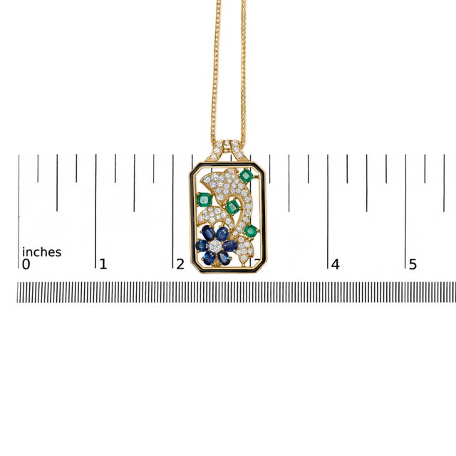18K Yellow Gold 2 1/3 Cttw Diamond, Sapphire, and Emerald Dog Tag with Dolphin Silhouette Convertible 18" Pendant Necklace and Brooch For Sale In New York - Image 6 of 6
