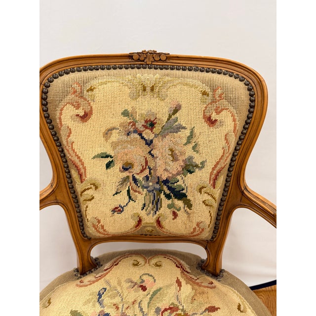 French French Louis XV Style Needlepoint Bergère Armchair For Sale - Image 3 of 11