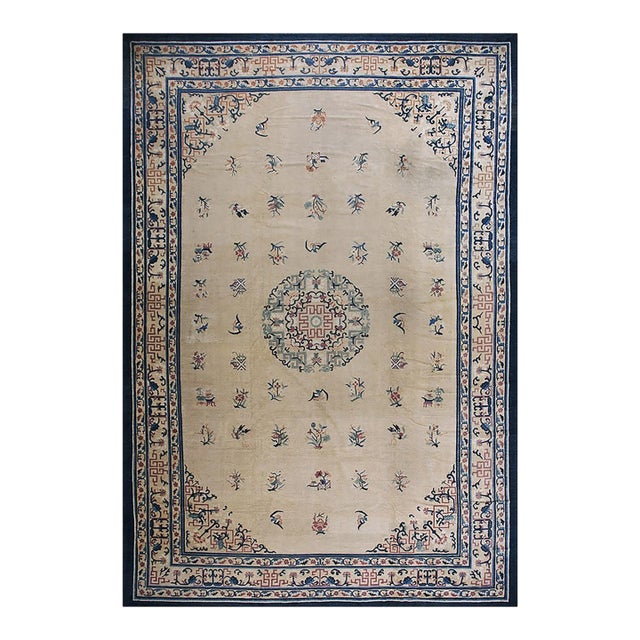 1920s Beige Large Deco Floral-Medallion Pattern Antique Chinese Peking Rug For Sale