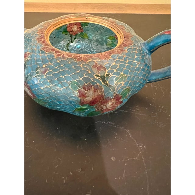 Chinese Antique Chinese Plique a Jour Cloisonné Green Brass & Multi Enamel Teapot For Sale - Image 3 of 10