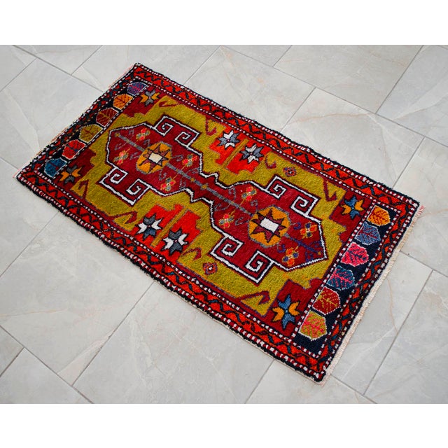 Front of Kitchen Sink Rug, Hand Made Bath Mat Colorful Turkish Rug - 1′12″ × 3′8″ For Sale - Image 13 of 14