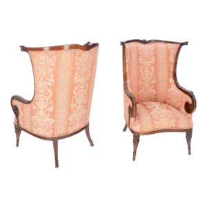 Fine Carved Mahogany Cream Silk Like Upholstery Regency Fire Side Chairs - A Pair