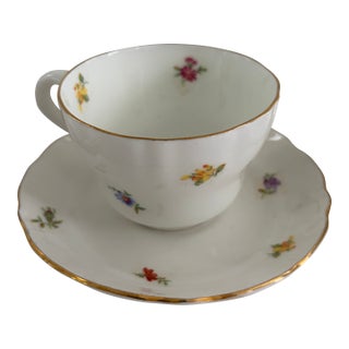 Vintage Benporslin Sweden Floral Demitasse Cups & Saucers – Set of 10 White Porcelain With Gold Trim For Sale