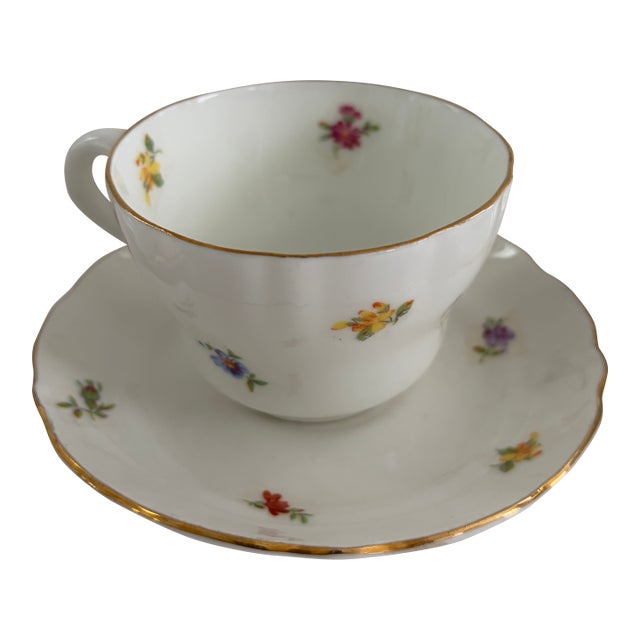 Vintage Benporslin Sweden Floral Demitasse Cups & Saucers – Set of 10 White Porcelain With Gold Trim For Sale