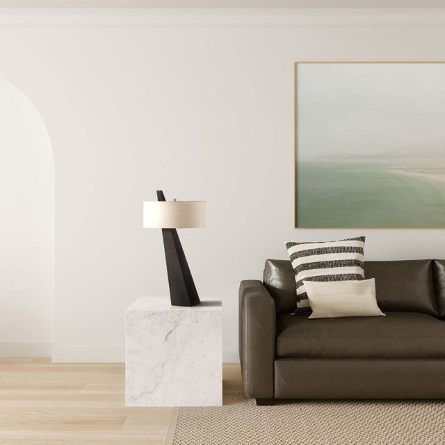 Obelisk Table Lamp - Dark Walnut Wood, White Cotton-Linen Shade For Sale - Image 4 of 9