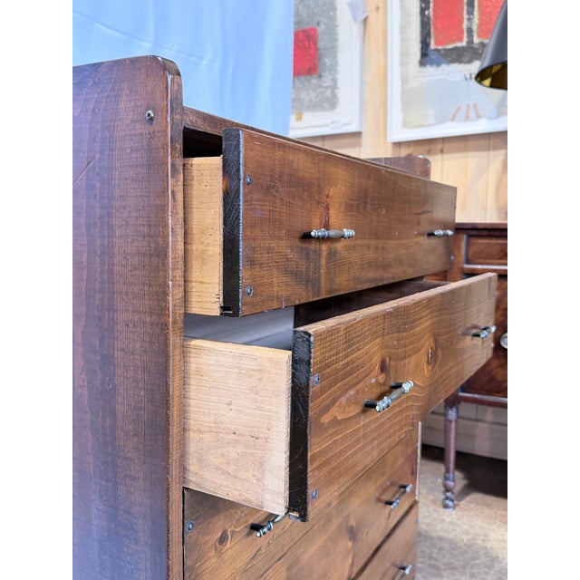 Late 20th Century Solid Heart Pine Rustic Five Drawer Chest With Brass Pulls For Sale - Image 9 of 12