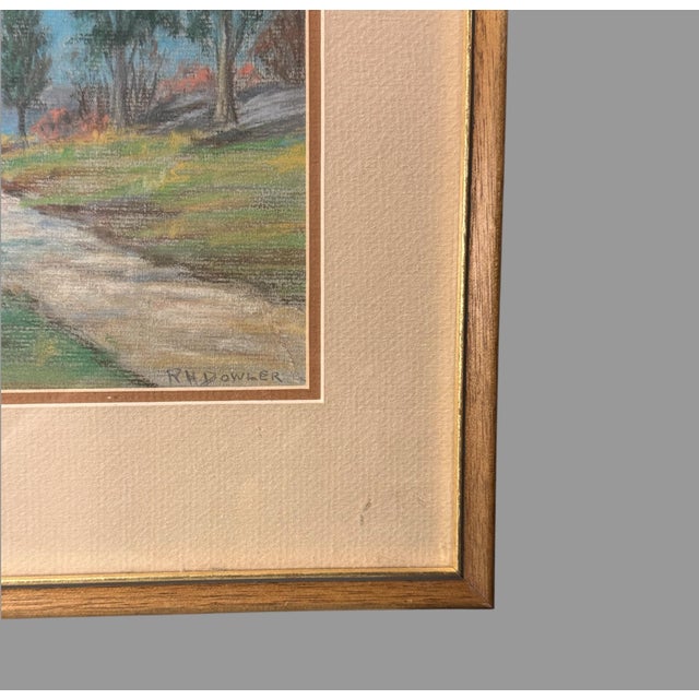 Vintage Riverside Landscape Framed Pastel Watercolor Painting With Trees For Sale - Image 4 of 6