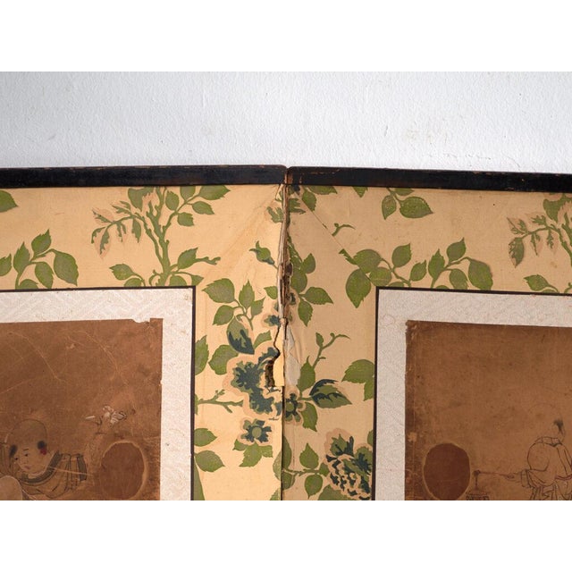 Antique Japanese Two-Panel Screen with Painting Collage, 1900 For Sale - Image 10 of 13