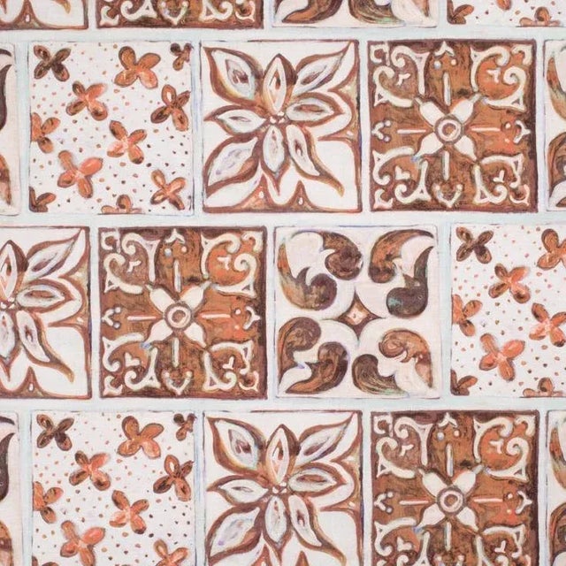 Contemporary Tunisian Tile Burnt Orange Print on Cotton/Linen Blend Fabric For Sale - Image 3 of 3