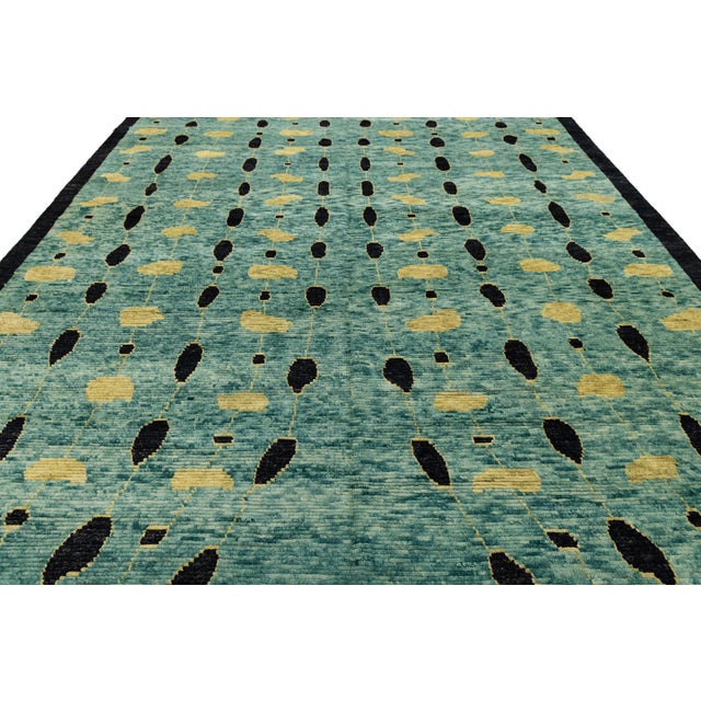 Teal Azure Rain Modern Abstract Teal & Gold Moroccan Style Wool Rug 10x14 For Sale - Image 8 of 12