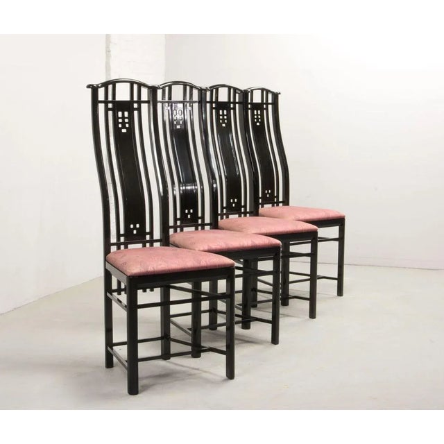 High Back Black Lacquered Dining Chairs with Fabric from Giorgetti, 1980s, Set of 4 For Sale - Image 4 of 17