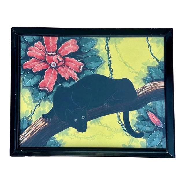 Billy Seay Black Panther Tropical Painting in Black Frame For Sale