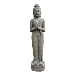 Vintage Asian Stone Carved Standing Garden Buddha Statue For Sale