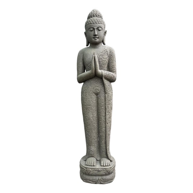 Vintage Asian Stone Carved Standing Garden Buddha Statue For Sale