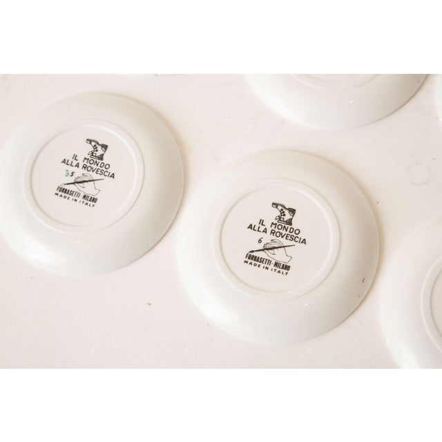 Vintage Piero Fornasetti Porcelain Colored Opera Coasters Il Mondo Alla Rovescia Set of 8 Italian MCM For Sale - Image 10 of 12