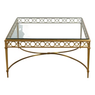 Italian Midcentury Gilt Bronze Coffee Table with Glass Top and Ring Motifs For Sale