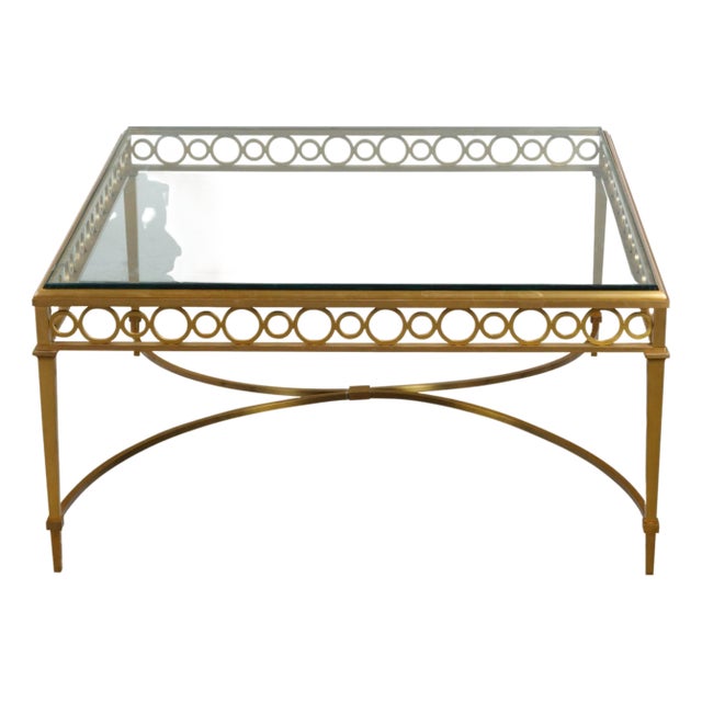 Italian Midcentury Gilt Bronze Coffee Table with Glass Top and Ring Motifs For Sale