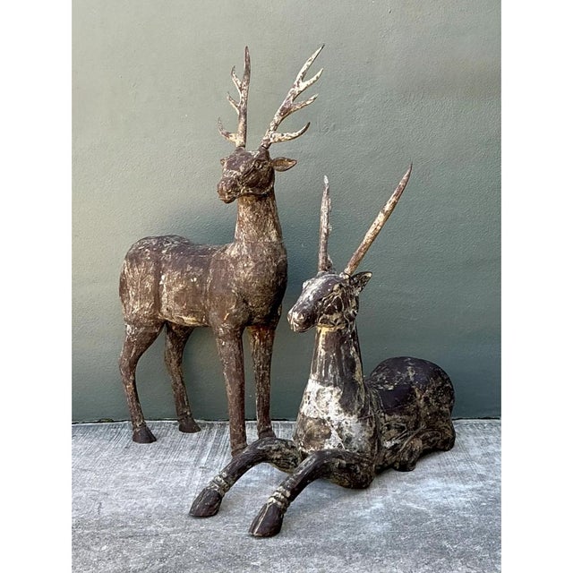 Vintage Carved Wood Deer Sculptures - Pair For Sale - Image 4 of 12