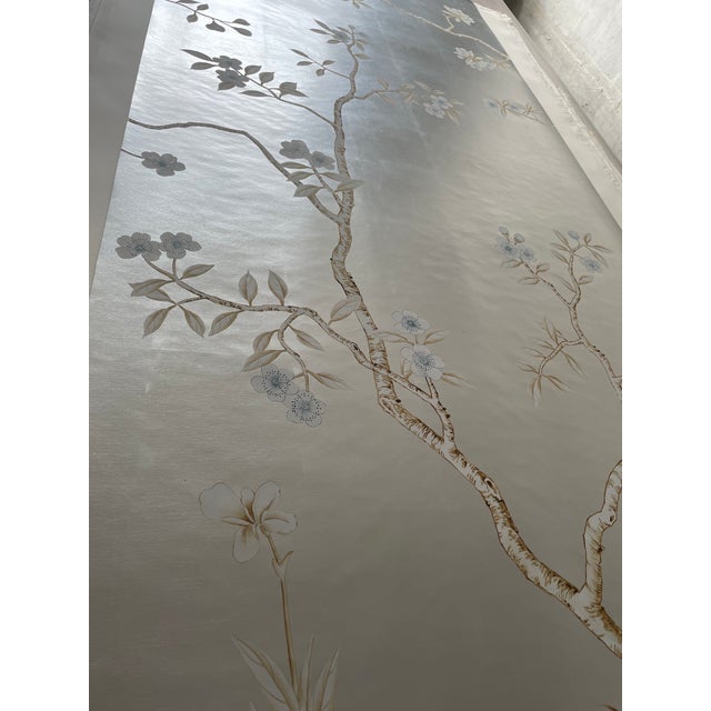 Chinese Silver Leaf Chinoiserie Hand-Painted Neutral Floral & Bird Wall Panels (Set of 4) For Sale - Image 3 of 4
