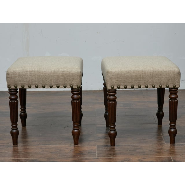 Pair of 19th Century English Oak Stools with Custom Linen Upholstery For Sale In Atlanta - Image 6 of 11