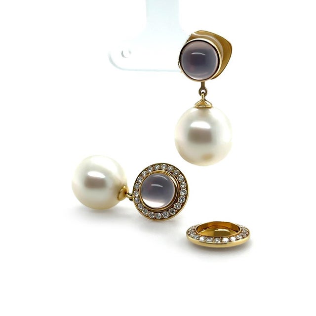 2020s Paspaley 18ct Yellow Gold Muse Pearl, Rose Quartz & Diamond Earrings 0.64ct 15.27g, A Pair For Sale - Image 5 of 10