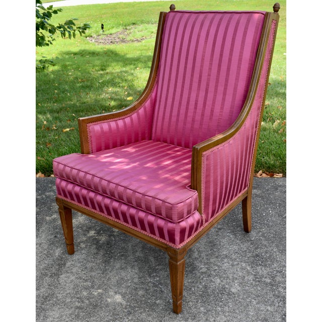 Hollywood Regency Style Bergere Armchair Pink Magenta Striped Satin Accent Chair For Sale - Image 10 of 14
