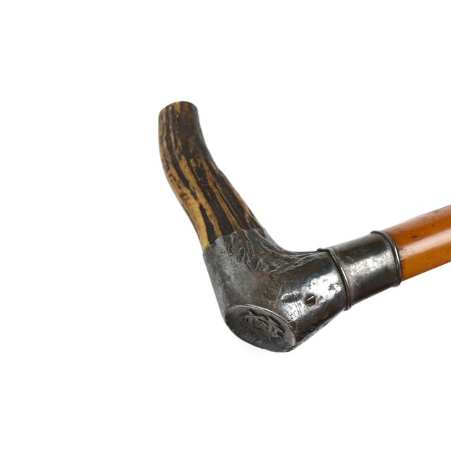 Wood 19th Century Victorian Stag Antler Gentleman Walking Cane With Engraved Sterling Silver Collar, Dated 1887 For Sale - Image 7 of 12