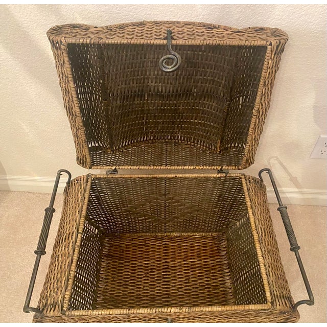 Farmhouse Vintage Woven Rattan Bombay Storage Chest With Lid Wrought Iron Scroll Feet, Handles, and Latch. For Sale - Image 3 of 17