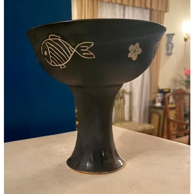 1950s Japanese Black Glazed Pottery Stem Cup For Sale - Image 4 of 13