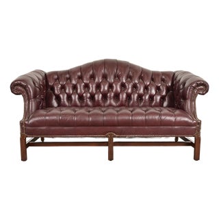 Vintage Chippendale Tufted Oxblood Leather Camelback Chesterfield Sofa by North Hickory Furniture For Sale