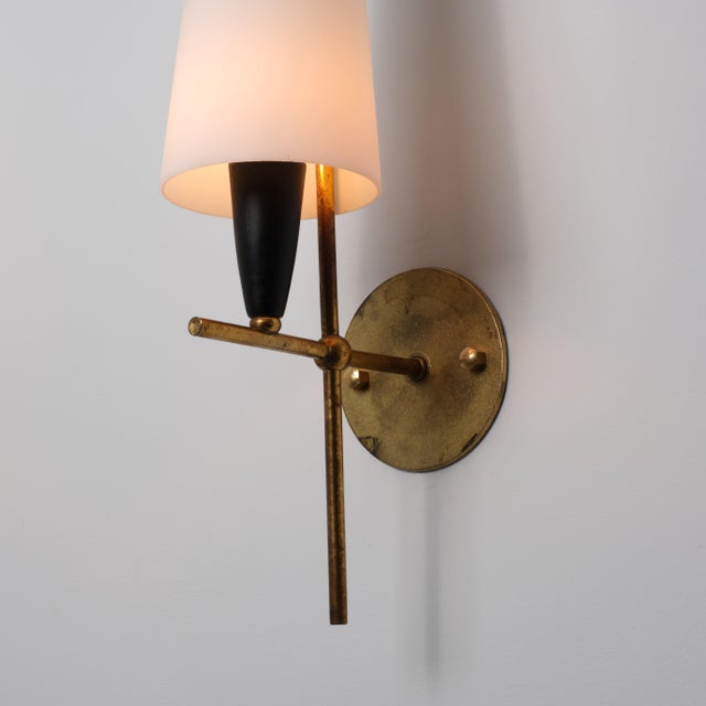 1950s Large Vintage Italian Brass and Opaline Glass Wall Lights, 1950s, Set of 2 For Sale - Image 5 of 13